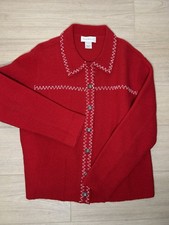 Vtg Susan Bristol Women's Red Cardigan Sweater, Hand Embroidered, 100 Wool, L