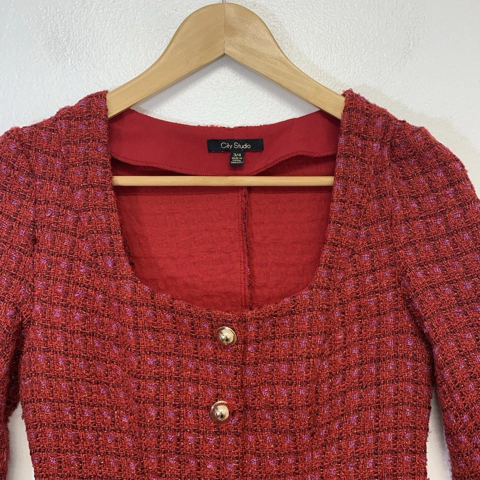 City Studio Red Tweed Metallic Mini Dress Jr 3/4 Button Front Square Neck Fitted - Image 4 of 4