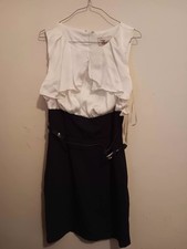 Roulette Dress, Womens Size 8 Ivory & Black, Belted Layered Ruffle Straight