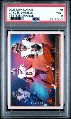 2025 PANINI LUMINANCE VESTIGE ORANGE #9 JAYDEN DANIELS 66/100 PSA 9
