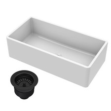 Nuie Farmhouse Kitchen Sink, Matt Black Drain, Fire Clay Apron Front 36x18x10"
