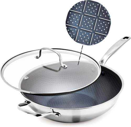 Wok Ibrido Antiaderente Acciaio Inox 12” con Coperchio, Legame Diamante Ceramica Senza Pfas - Foto 1 di 7