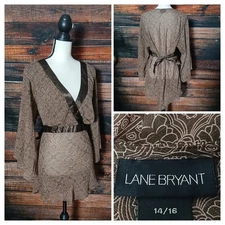 Lane Bryant Peasant Top Size 14 16  Sheer Bohemian Flared Sleeve Tie Back Brown