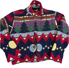Vintage Tapestry Jacket Camping Canoe Pine Tree Woven Blanket Coat Nature Retro