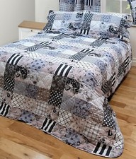 PATCHWORK GREY BEDSPREAD SET QUILTED FLORAL STRIPES POLKA DOT CHECK WHITE BLACK