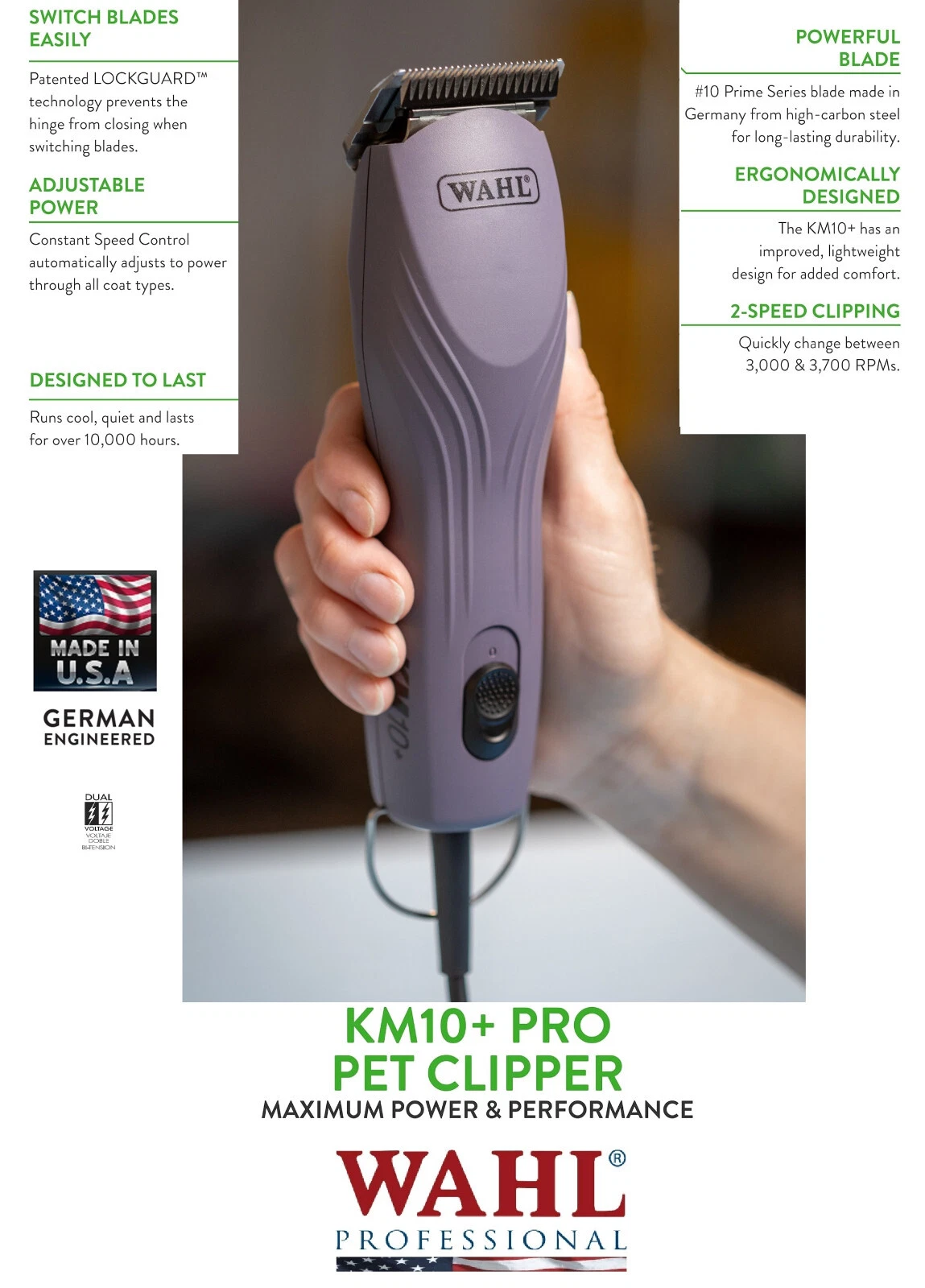 Wahl PRO KM10+ Plus 2-Speed Clipper KIT&PRIME 10 Blade Set*PET DOG GROOMING