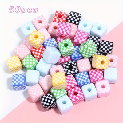 50pcs Mixed Color Checkerboard Grid Cubic Square Beads Loose Beads Diy