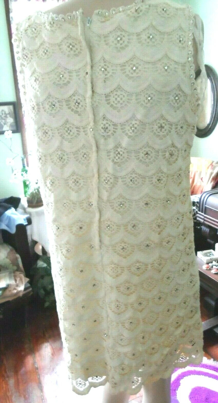 OFF WHITE Mini abito smanicato anni 60 strass uncinetto bianco sporco foderato MOD gogo S M shift