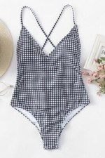 NWOT GINGHAM CROSS-BACK TIE-BACK RUCHED PADDED ONE PIECE SWIMSUIT BLACK/WHITE SM