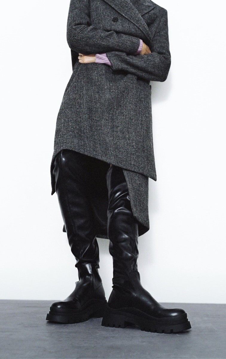 Zara Black Vegan Faux Leather Track Sole Over The Knee Boots Zara Black Vegan Faux Leather Track Sole Over The Knee Boots