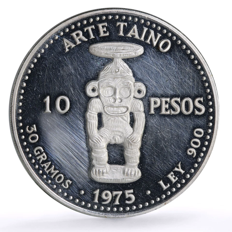 Dominican Rep. 10 pesos Pueblo Viejo Mine Arte Taino Art proof silver coin 1975 - Image 3 of 4