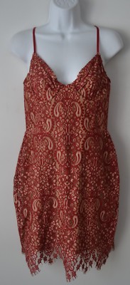For Love & Lemons, Mini Dress, Vika, Nude w Red Lace, Spaghetti Strap, Zip Back