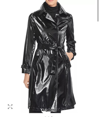 Jane Post $595 High Gloss Black Trench rain Coat Double Breasted Women s M NEW