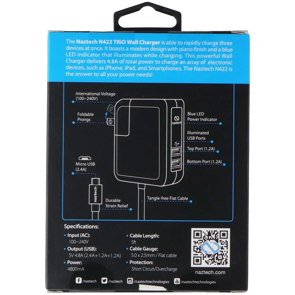 Cargador de pared Naztech TRiO con 2 puertos USB A y cable micro-USB incorporado - negro Foto 2 de 3