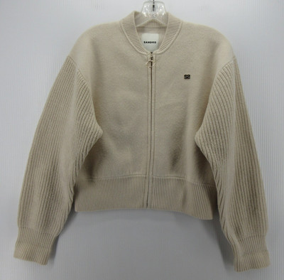 Sandro Jacket Women Medium White Cream Wool Cashmere Blend Bomber Coat Cropped