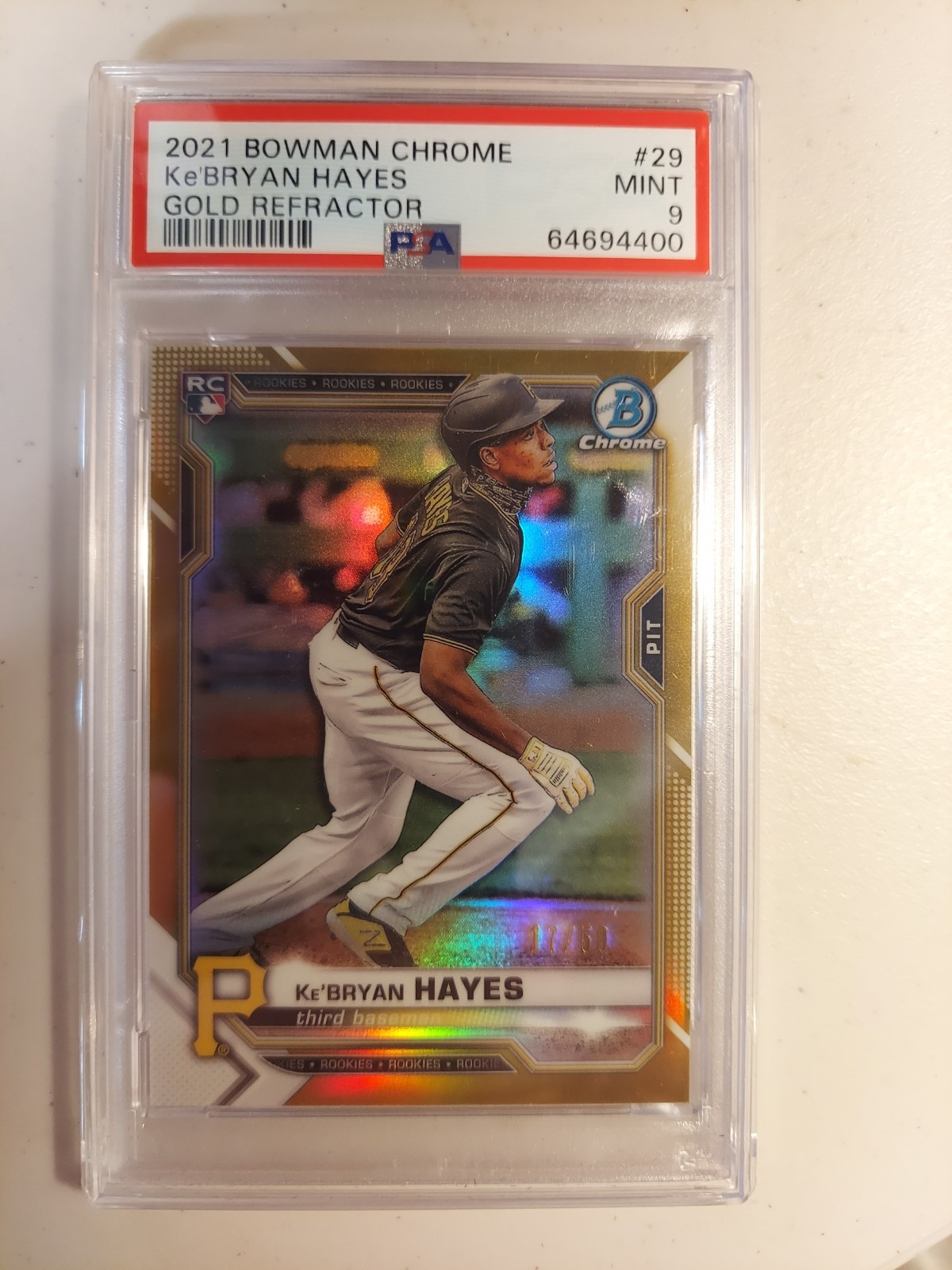 2021 Bowman Chrome KE'BRYAN HAYES Rookie Gold Refractor /50 PSA 9 PIRATES #29 RC