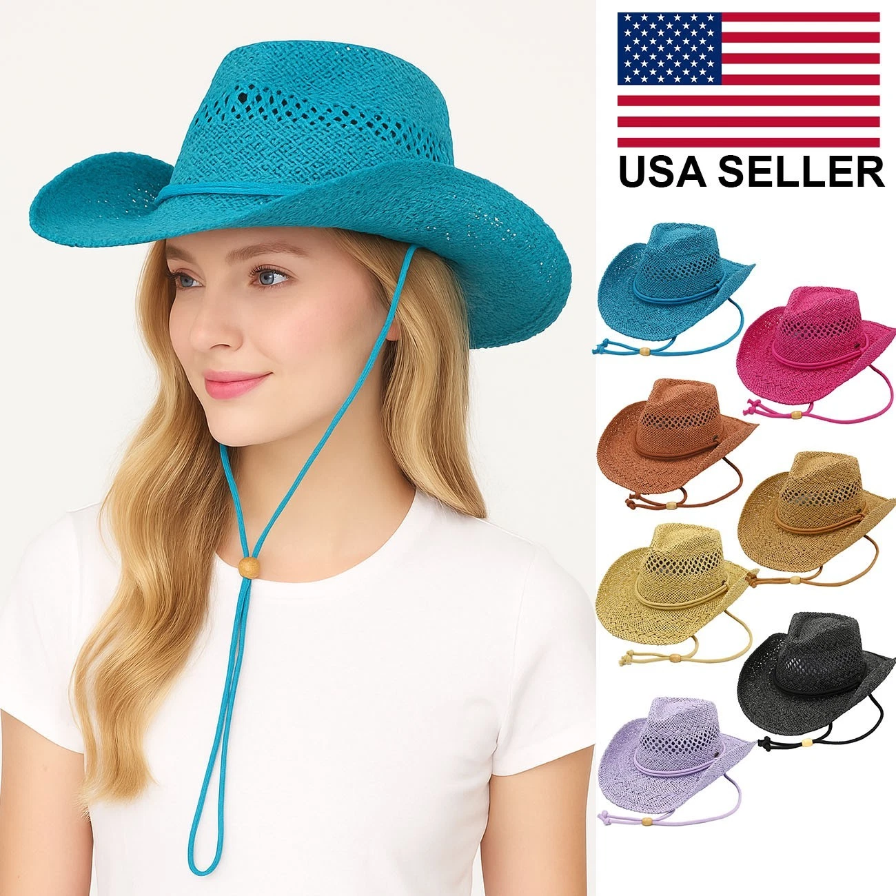 C.C Women's Solid Color Cowboy Hat with Adjustable Chin Strap Sun Hat