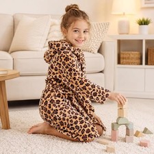 Girls Hooded Bathrobes Kids Pajamas Fleece Leopard Bath Robe Sleepwear Age 3-8Y