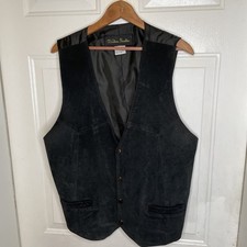Western Frontier Suede Leather Mens Sz L Vest Black Button Front Pockets
