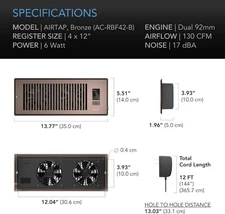 AC Infinity AIRTAP T4 Register Booster Fan 4x12 In-line HVAC Vent Smart Controll