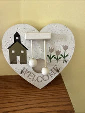 Heart Shaped Wooden WELCOME Door Harp Folk Country Floral Home Decor Vintage