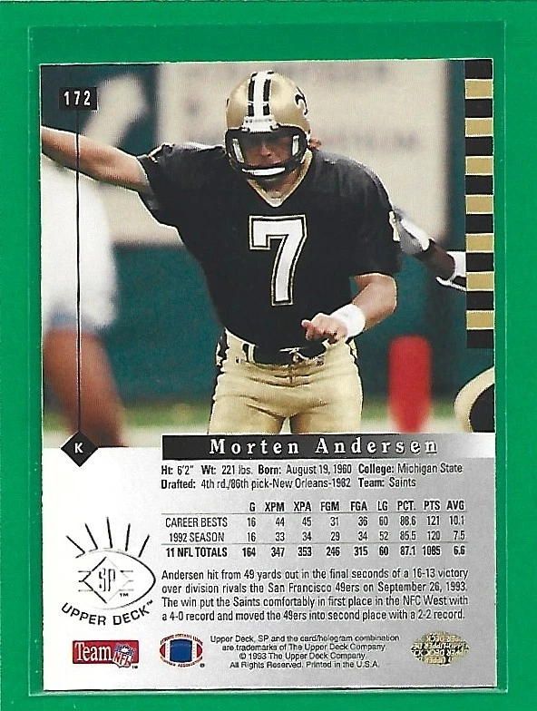 1993 Upper Deck SP Football Morten Andersen PB #172 New Orleans Saints - Image 2 of 2