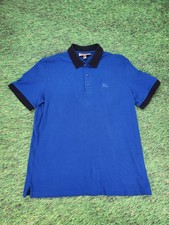 Burberry London Mens Royal Blue Mens Cotton Knit Polo Shirt SZ M Checkered