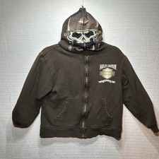 Harley Davidson Kids Hoodie 12/14 Skull Hood Zip Up Brown Fleece Motorcycle Rare