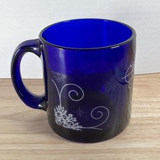 Vintage Cobalt Blue Glass Mug Etched Floral Design Made in USA Coffee Tea Cup