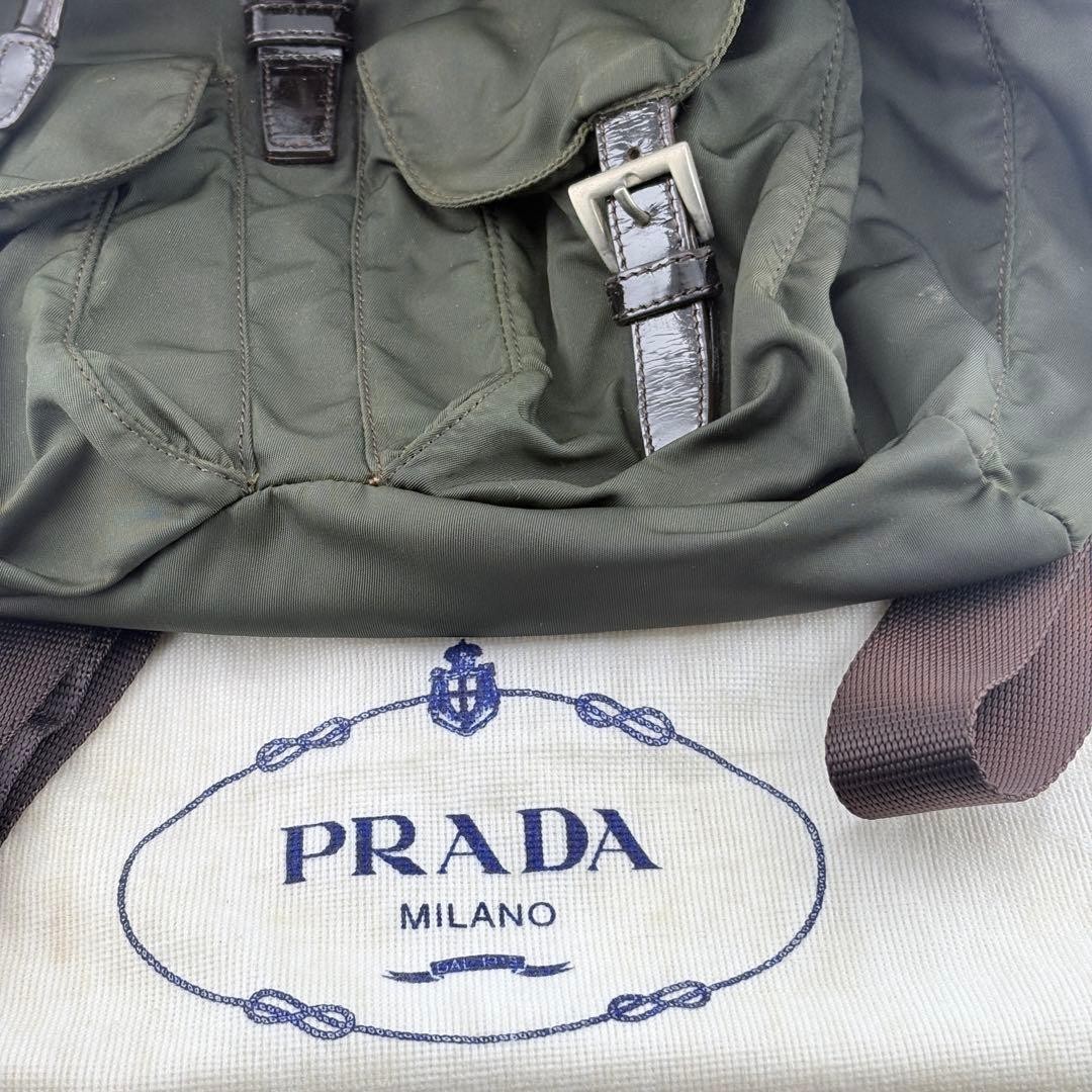 PRADA Nylon Leather Backpack Khaki Green Triangle Plate with Storage Bag Stains thumbnail 4