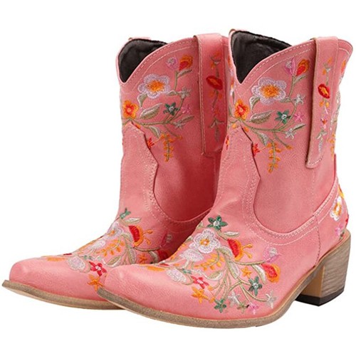 Damen Cowboystiefel Stickerei Cowgirl Western niedriger Block halbhoher Ritterstiefel - Bild 13 von 25