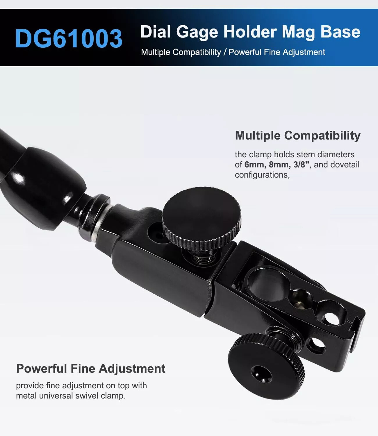 Regular Duty Dial Gage Holder Dg61003 Mag Base W/Metal Fine Adjust For Noga