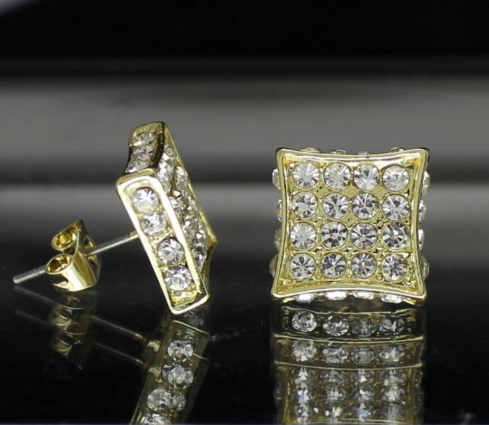 Pendientes de cometa medianos para hombre pantalla plana circonita helada tachuelas de 12 mm enchapados en oro de 14 k Hip Hop Foto 3 de 4