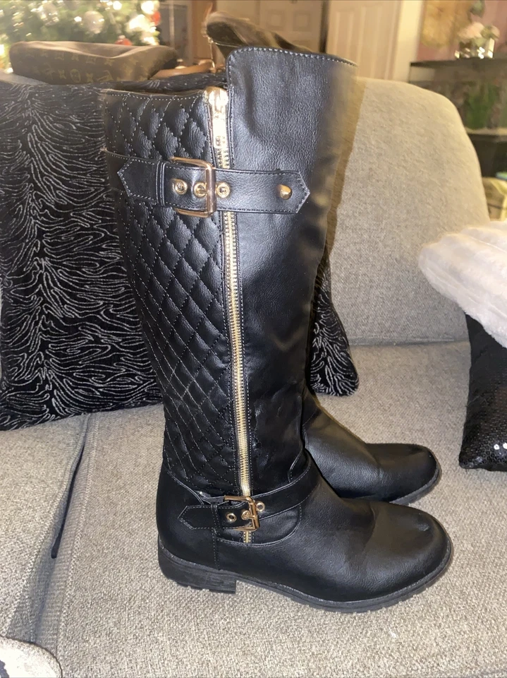 Top Moda Para Mujer Negro Dorado Tacones Bloque Punta Redonda Cremallera Lateral - Cremallera Interior 81/2 Foto 3 de 4