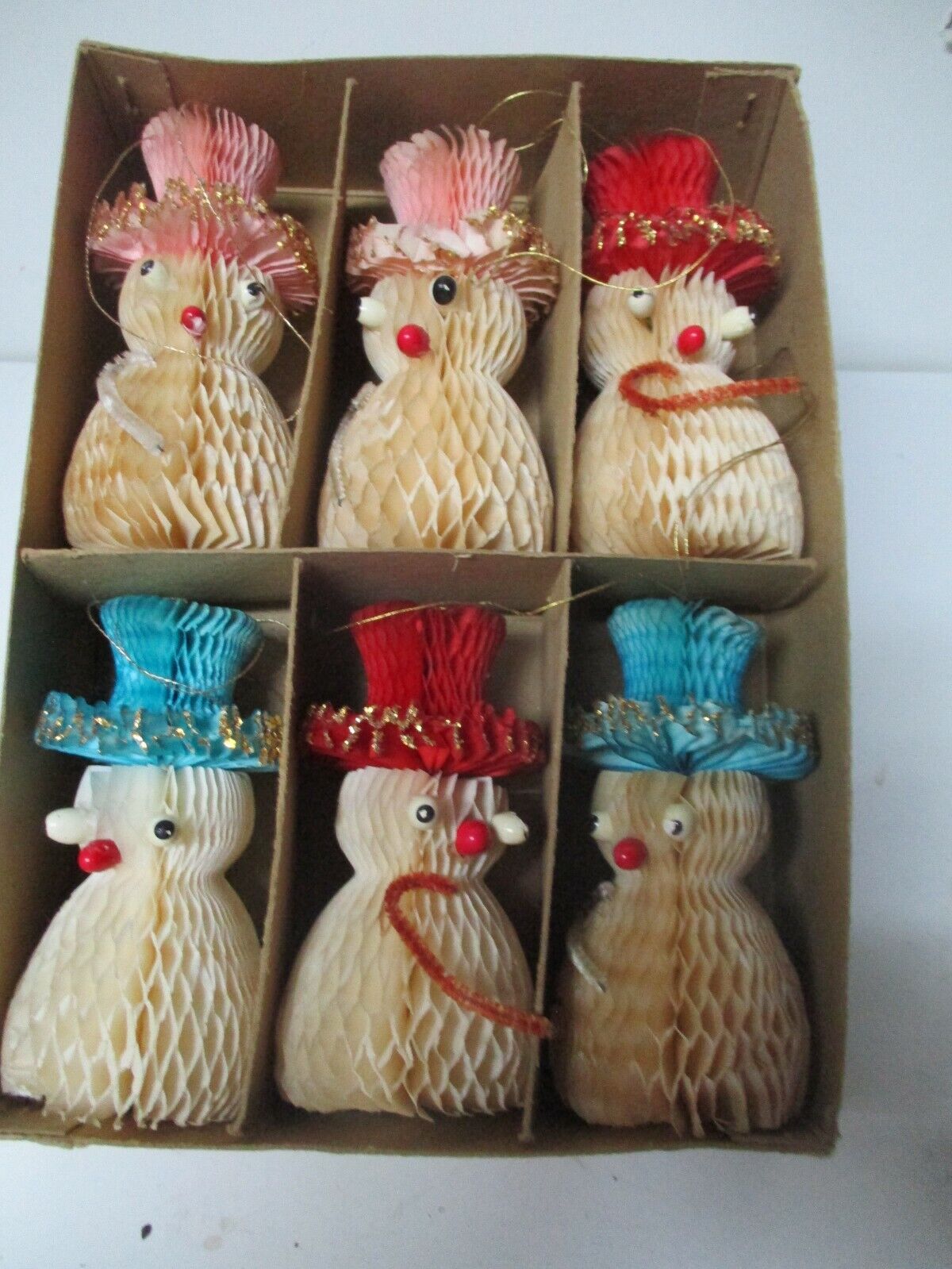 6 Vintage Japan Honeycomb Christmas Ornaments - SNOWMEN Zamówienie wysyłkowe