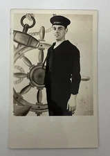 Old RPPC PHOTO Handsome NAVY Sailor Posing In Front Of Folk Art Backdrop Gay Int