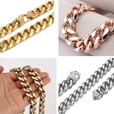 Heavy 13/15mm Mens Chain Stainless Steel Cut Curb Cuban Link Bracelet Necklace
