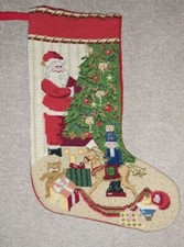 Vtg Needlepoint Christmas Stocking Santa Tree  Presents Red Velvet Back 13.5"