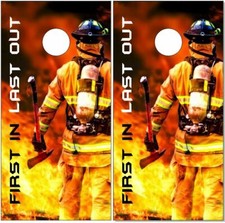 Firefighter First In Flames LAMINATED Cornhole Wrap Bag Toss Skin Decal Sticker