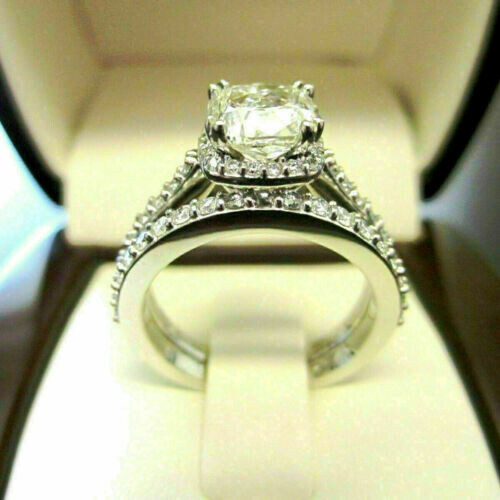 Anillo de compromiso nupcial de diamantes de corte cojín de 2 quilates enchapado en oro blanco de 14 quilates - Imagen 4 de 6