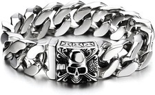 Men's Stainless Steel Cuban Link Curb Chain Bracelet With Skull Box Clasp, He...