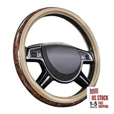 Wood Grain 14.5-15 inch Microfiber Leather Steering Wheel Cover, Anti beige