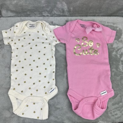 Gerber Set Of 2 Bodysuit Girls 0-3 Months Pink Gold  So Cute  Bow Stars