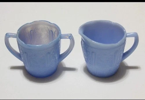 Blue Delphite Jeannette Glass Cherry Blossom Creamer/sugar Depression Glass