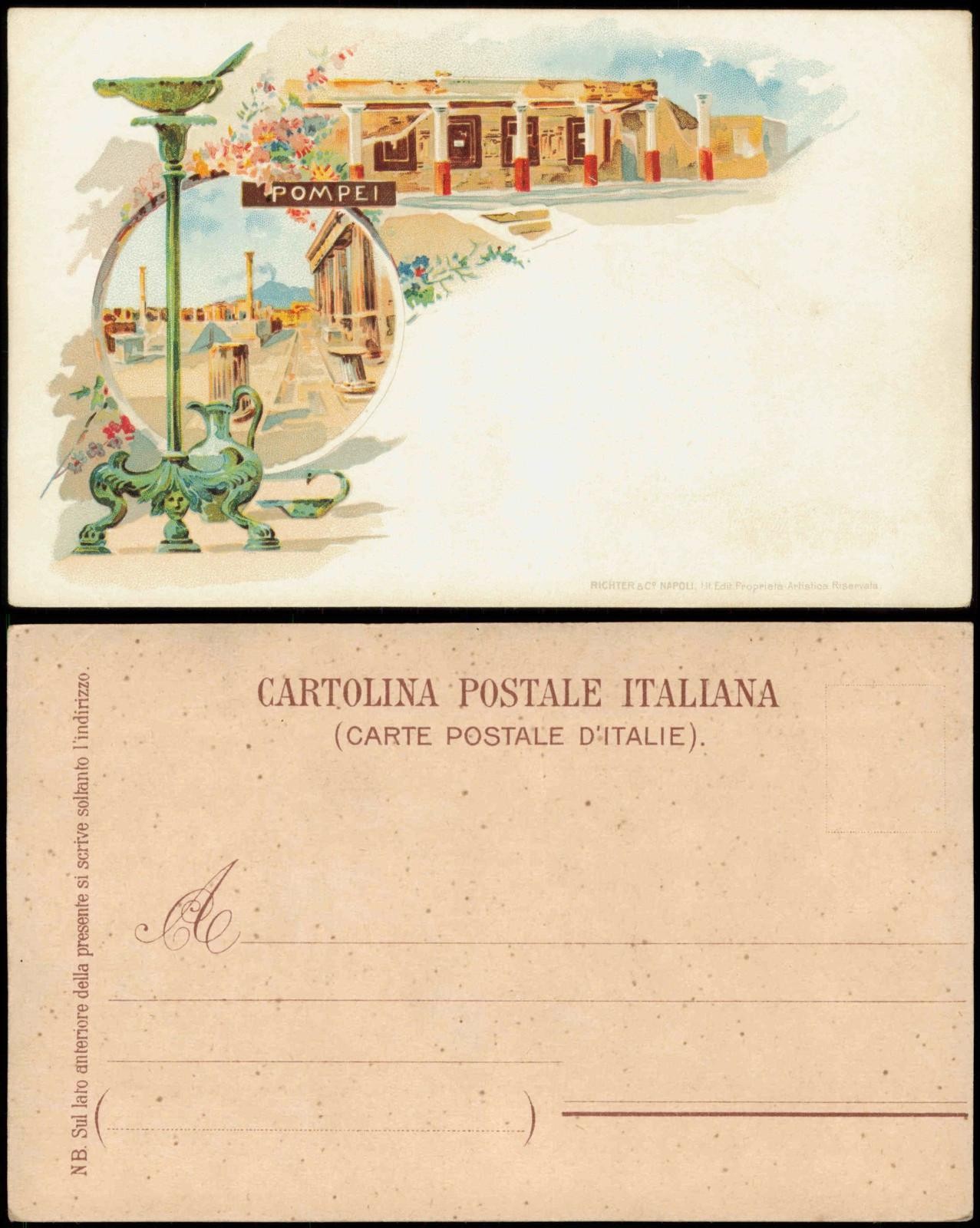 Cartolina Pompei 2 quadro litografia edifici e Vesuvio 1905