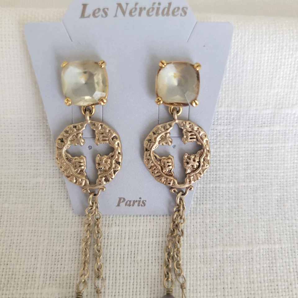 MONEDA VINTAGE LES NEREIDES CON RECORTES CRUZADOS PENDIENTES COLGANTES EN POSTES FACETADOS Foto 3 de 4