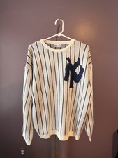 Winston  akimbo Men's White Navy Striped Knit Pullover Sweater Crew Neck Size L