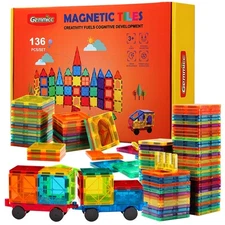 Magnetic Tiles Deluxe 136 PCS Building Blocks Magnet Toys for Kids 3D Magnet...