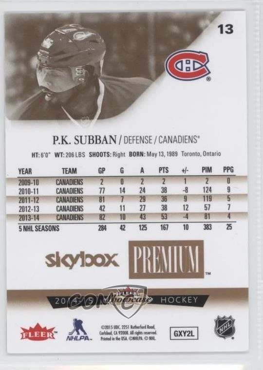 2014-15 Fleer Showcase Skybox Premium /299 PK Subban #13 - Image 2 of 2