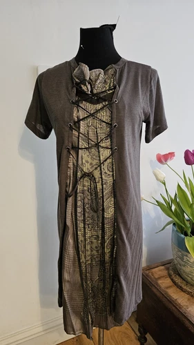 Sacai T shirt Dress In Khaki With Silky Detail And Lace Up Size 3